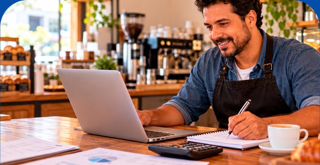 Empreendedor sorridente fazendo anotações ao lado do notebook