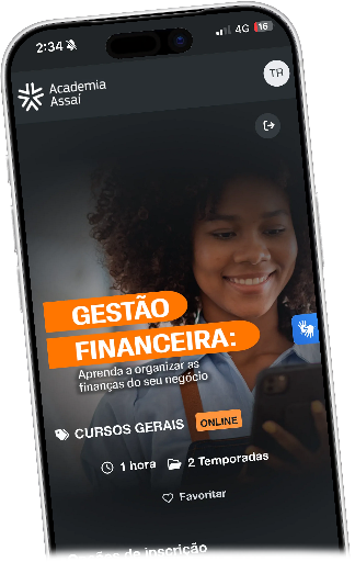 Aplicativo Academia Assaí aberto no celular mostrando o curso Gestão Financeira