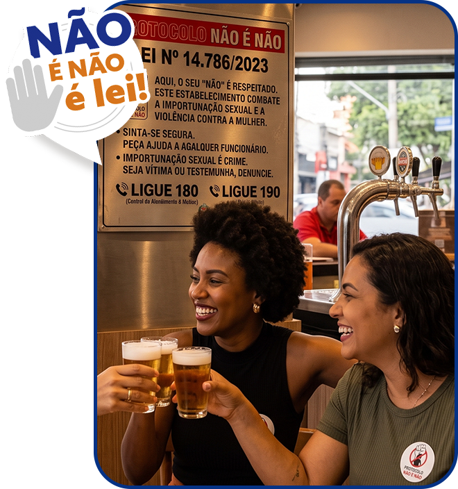 Mulheres em um bar celebrando em ambiente seguro, com o protocolo Não é Não